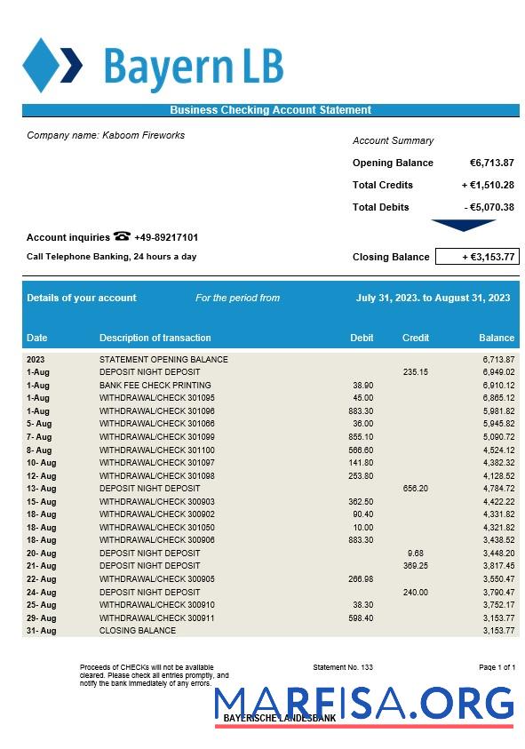 Blank Bayerische Landesbank Bank firm account statement Word and PDF template